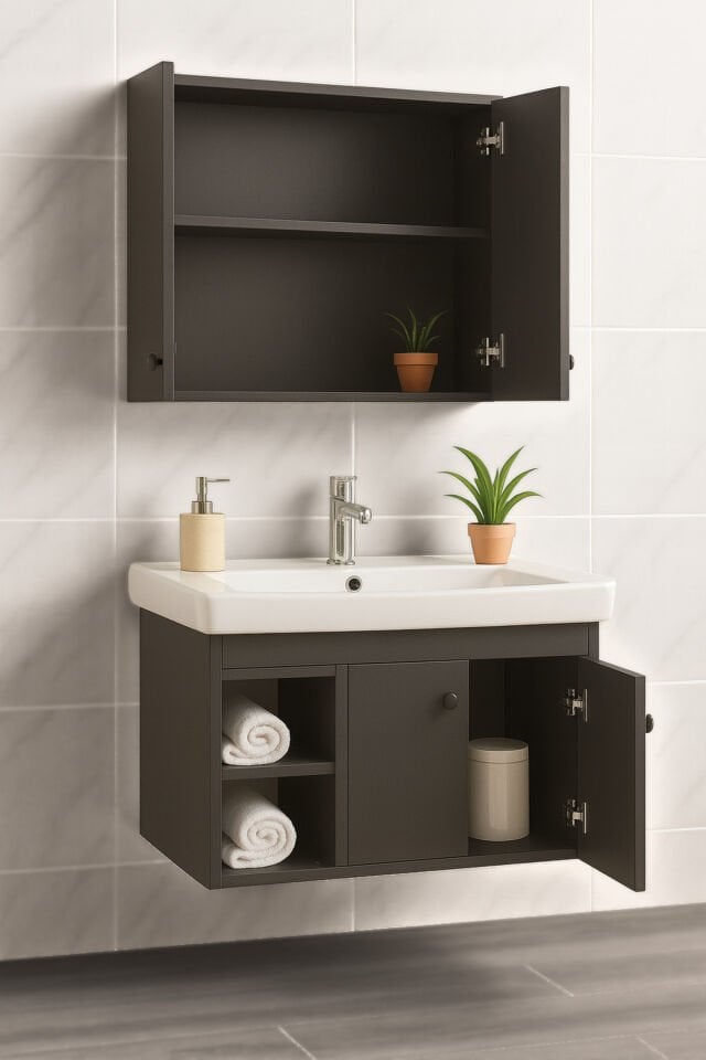 Lumina 85 cm, Antrasit renkli, Turkuaz marka Seramik Lavabolu, Alt - Üst Dolap, Banyo Dolabı Takımı.