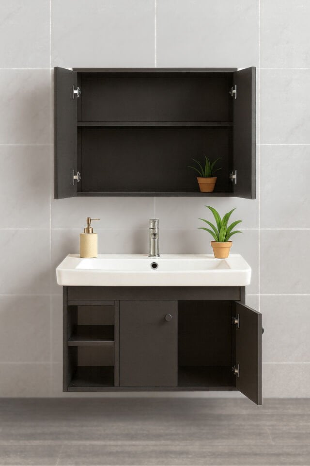 Lumina 85 cm Banyo Dolabı Takımı, Antrasit renkli, Turkuaz marka Seramik Lavabolu