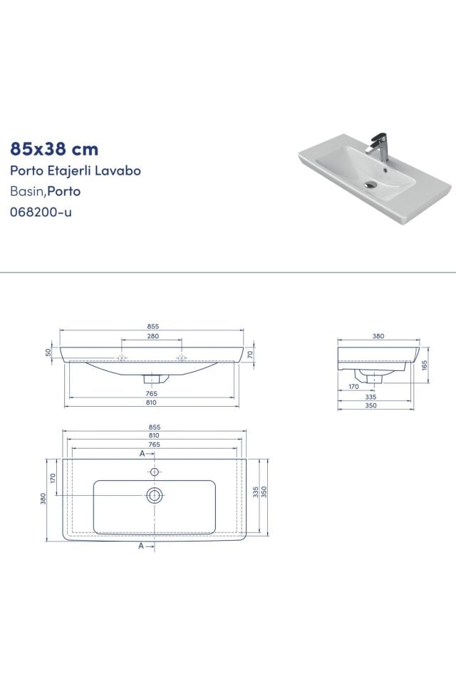 Lumina 85 cm Banyo Dolabı Takımı, Antrasit renkli, Turkuaz marka Seramik Lavabolu