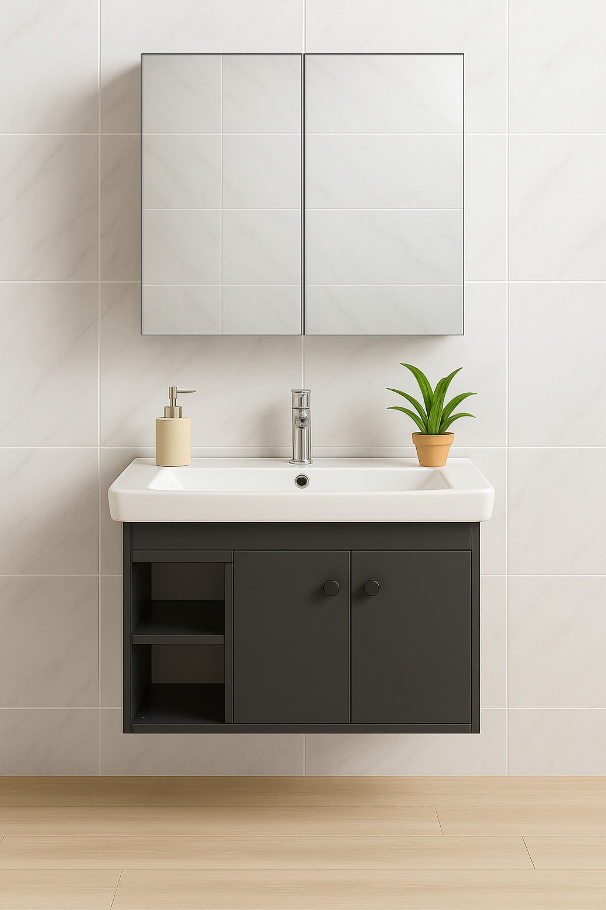 Lumina 85 cm, Antrasit renkli, Turkuaz marka Seramik Lavabolu, Alt - Üst Dolap, Banyo Dolabı Takımı.