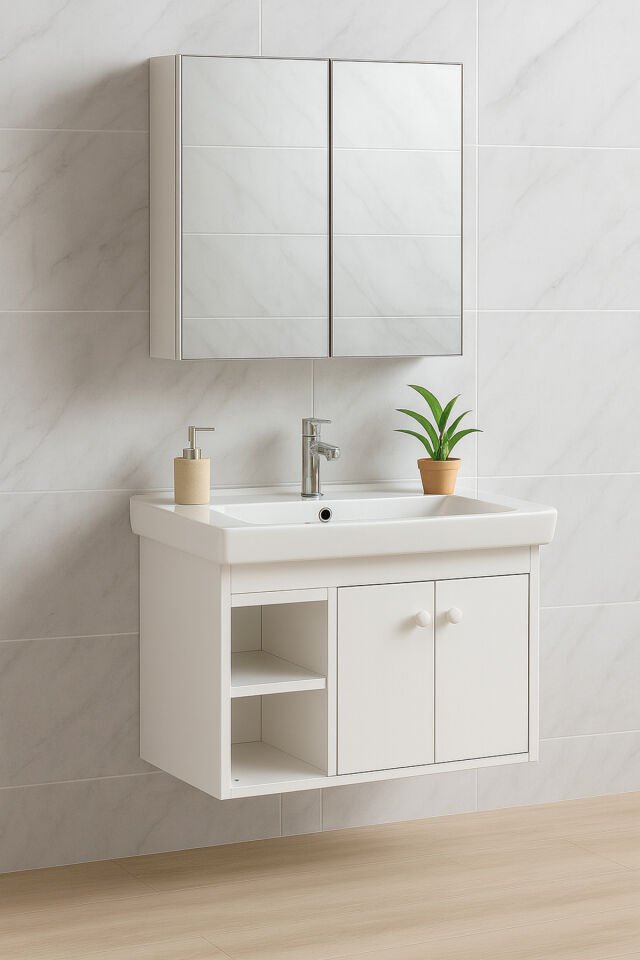 Lumina 85 cm, Beyaz renkli, Seramik Lavabolu, Alt - Üst Dolap, Banyo Dolabı Takımı.