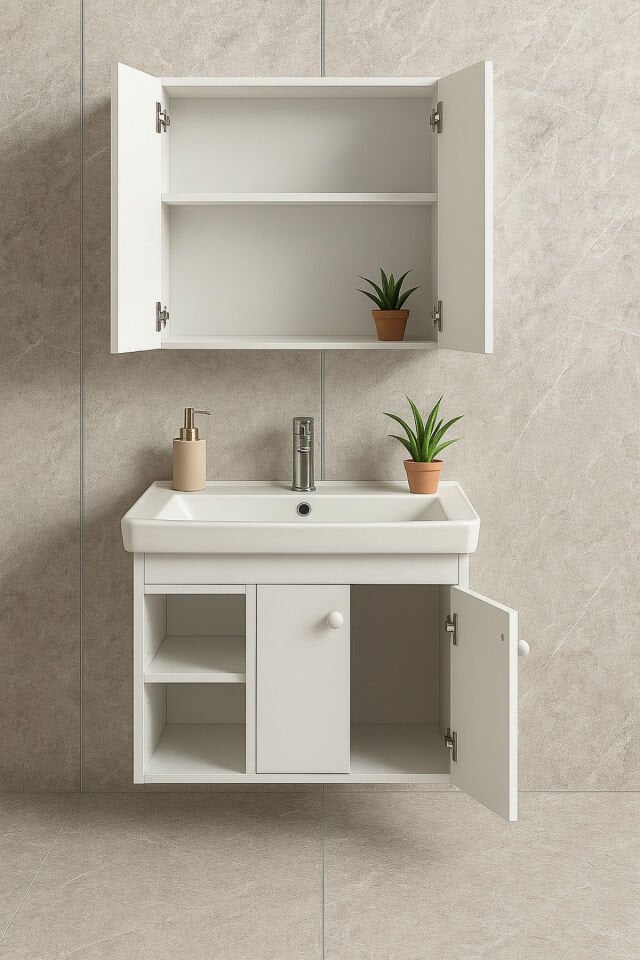 Lumina 85 cm, Beyaz renkli, Seramik Lavabolu, Alt - Üst Dolap, Banyo Dolabı Takımı.