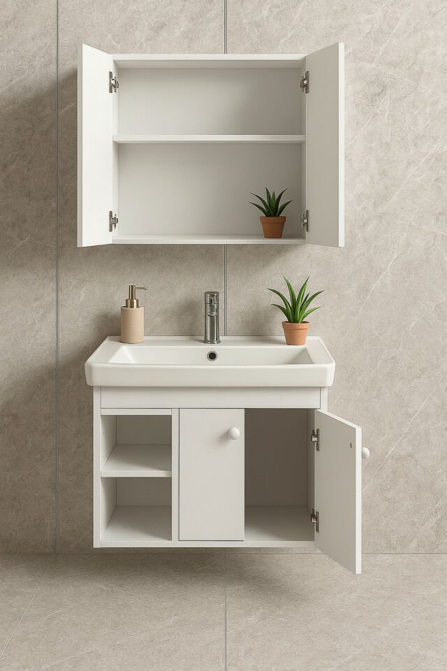 Lumina 85 cm, Beyaz renkli, Seramik Lavabolu, Alt - Üst Dolap, Banyo Dolabı Takımı.