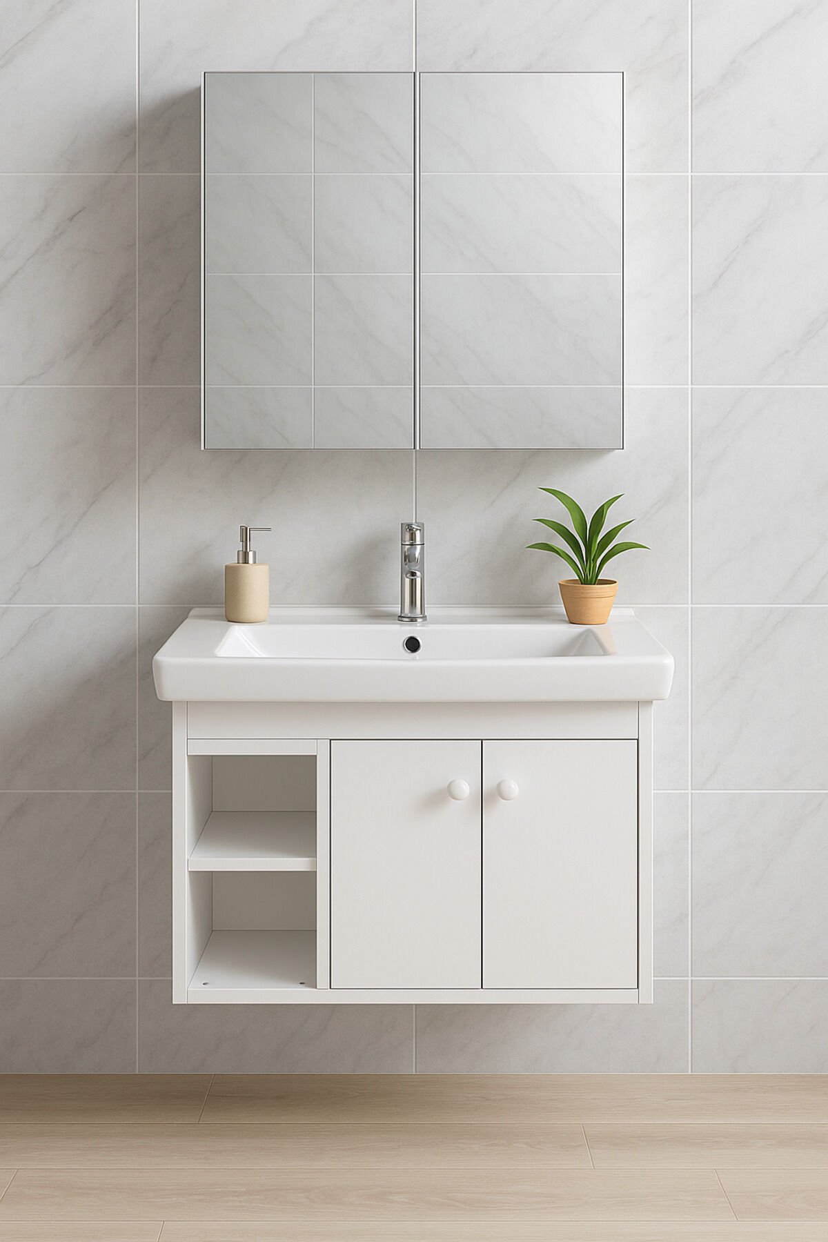 Lumina 85 cm, Beyaz renkli, Seramik Lavabolu, Alt - Üst Dolap, Banyo Dolabı Takımı.