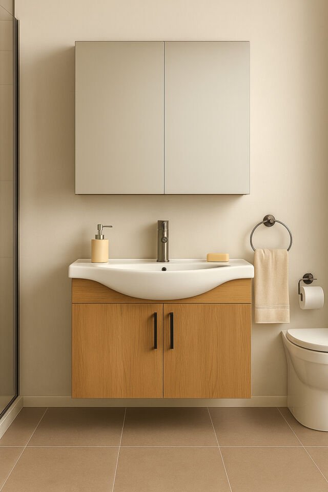 Nova 80 cm %100 Mdf Ahşap Renkli, Oval Seramik Lavabolu, Alt ve Üst Dolaplı, Banyo Dolabı Takımı