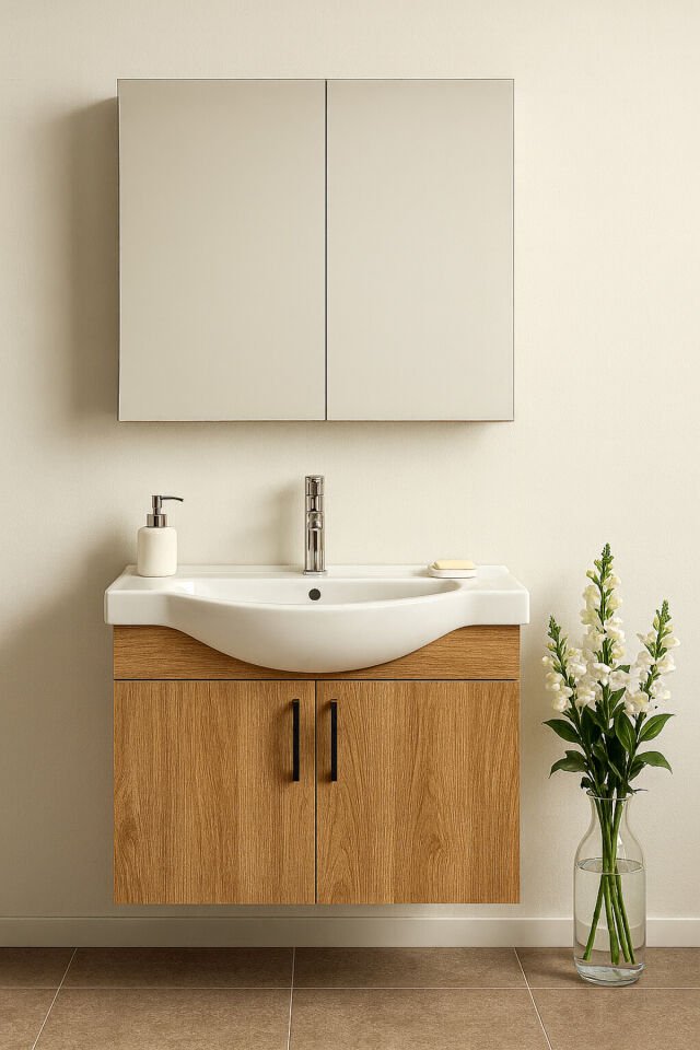 Nova 80 cm %100 Mdf Ahşap Renkli, Oval Seramik Lavabolu, Alt ve Üst Dolaplı, Banyo Dolabı Takımı