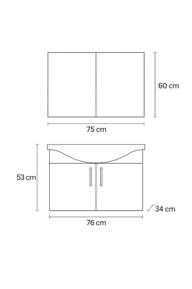 Nova 80 cm %100 Mdf Ahşap Renkli, Oval Seramik Lavabolu, Alt ve Üst Dolaplı, Banyo Dolabı Takımı