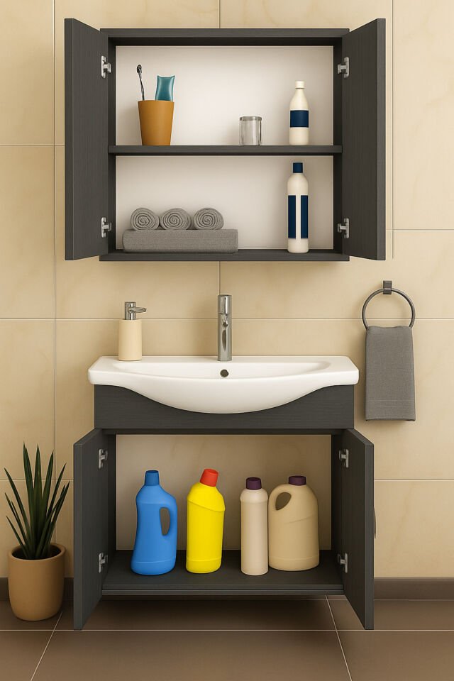 Nova 80 cm %100 Mdf Ahşap Renkli, Oval Seramik Lavabolu, Alt ve Üst Dolaplı, Banyo Dolabı Takımı