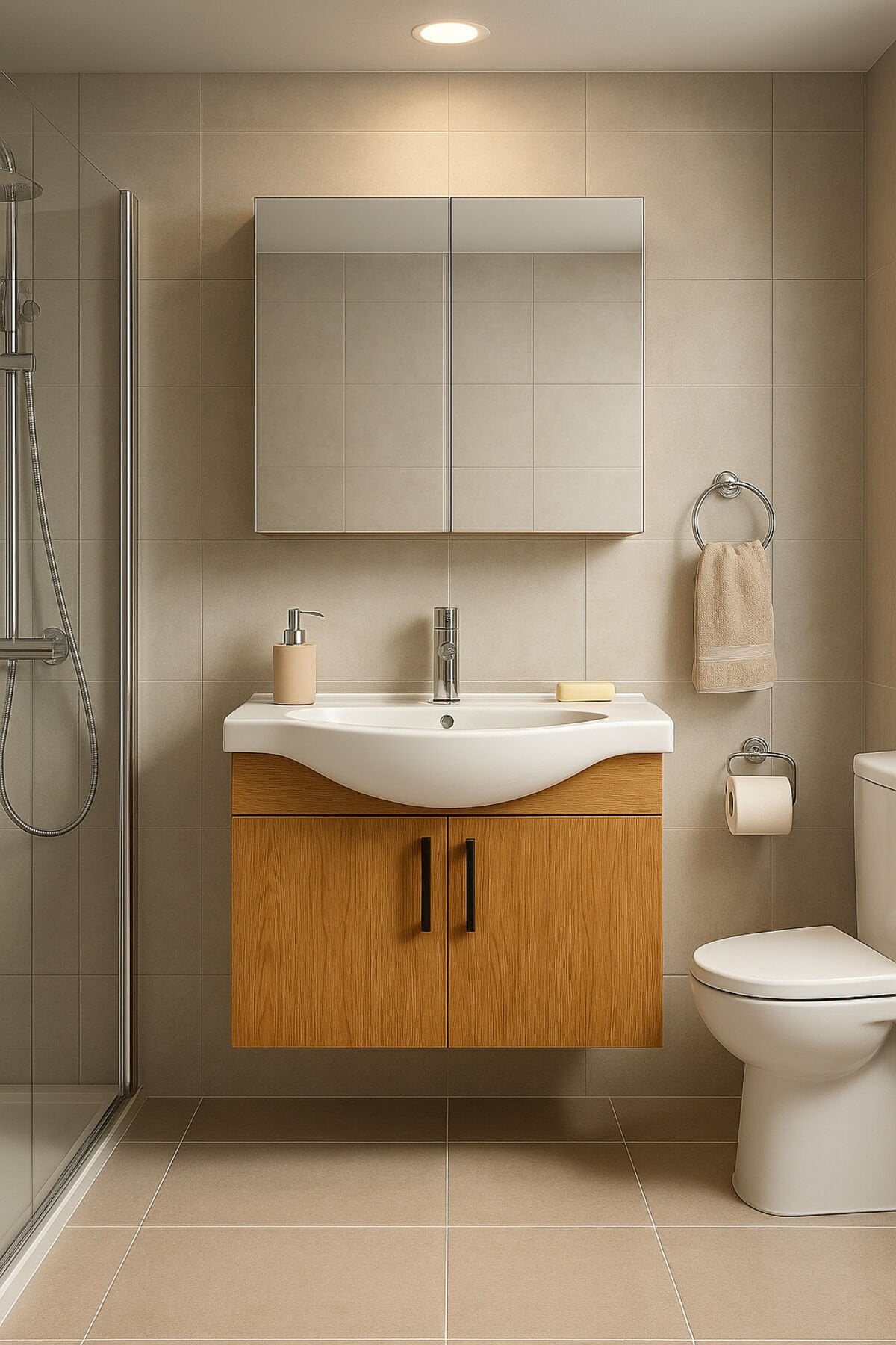 Nova 80 cm Banyo Dolabı Takımı, Ahşap Renkli, Oval Seramik Lavabolu, Tamamı MDFlabı Takımı