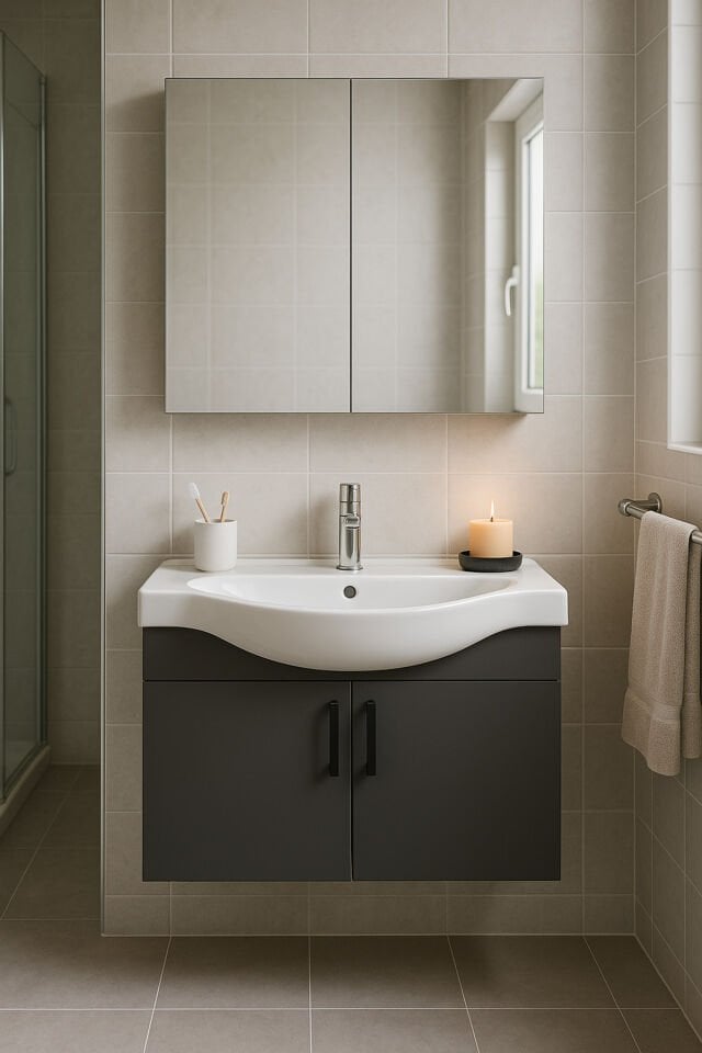 Nova 80 cm %100 Mdf Antrasit Renkli, Oval Seramik Lavabolu, Alt- Üst Dolap Banyo Dolabı Takımı