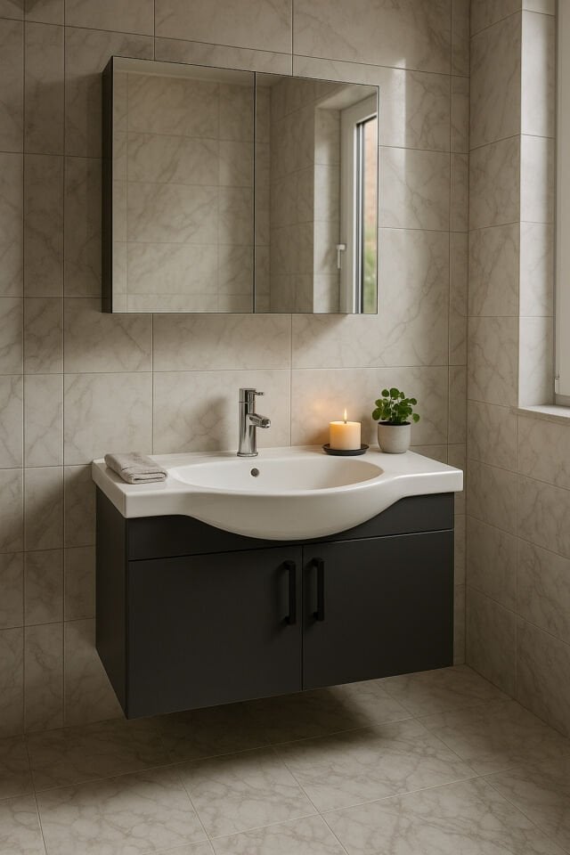 Nova 80 cm %100 Mdf Antrasit Renkli, Oval Seramik Lavabolu, Alt- Üst Dolap Banyo Dolabı Takımı
