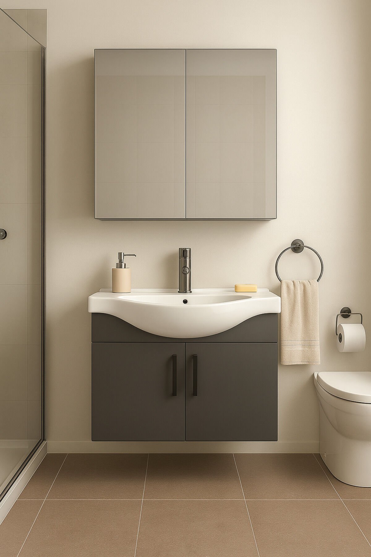 Nova 80 cm %100 Mdf Antrasit Renkli, Oval Seramik Lavabolu, Alt- Üst Dolap Banyo Dolabı Takımı