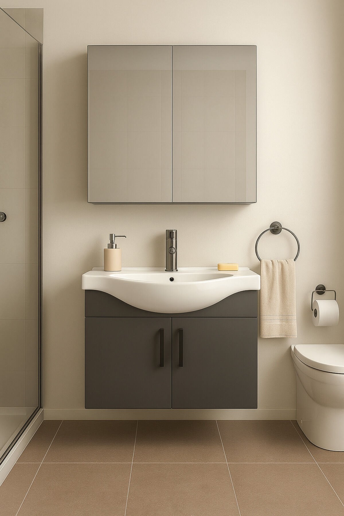 Nova 80 cm %100 Mdf Antrasit Renkli, Oval Seramik Lavabolu, Alt- Üst Dolap Banyo Dolabı Takımı