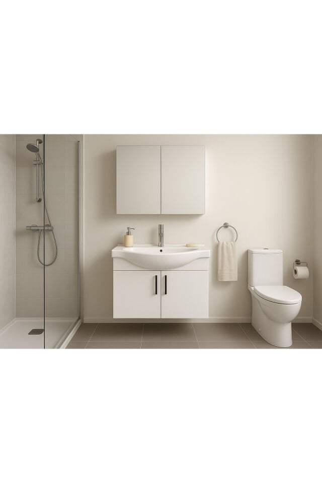 Nova 80 cm %100 MDF Beyaz Renkli, Oval Seramik Lavabolu, Alt ve Üst Modüllü, Banyo Dolabı Takımı