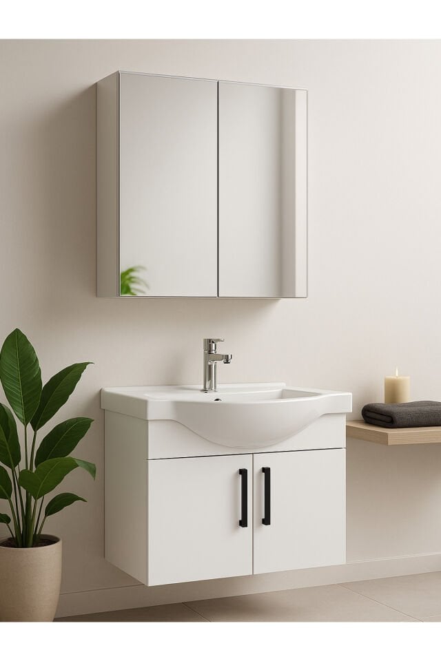 Nova 80 cm %100 MDF Beyaz Renkli, Oval Seramik Lavabolu, Alt ve Üst Modüllü, Banyo Dolabı Takımı