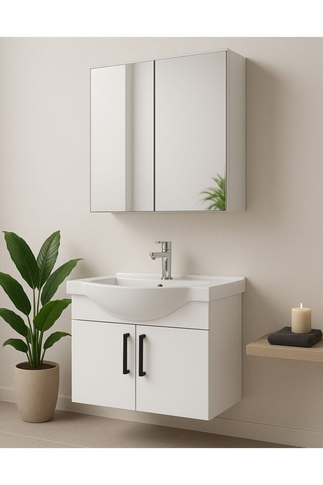 Nova 80 cm Banyo Dolabı Takımı, Beyaz Renkli, Oval Seramik Lavabolu, Tamamı MDF