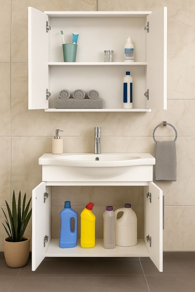 Nova 80 cm %100 MDF Beyaz Renkli, Oval Seramik Lavabolu, Alt ve Üst Modüllü, Banyo Dolabı Takımı