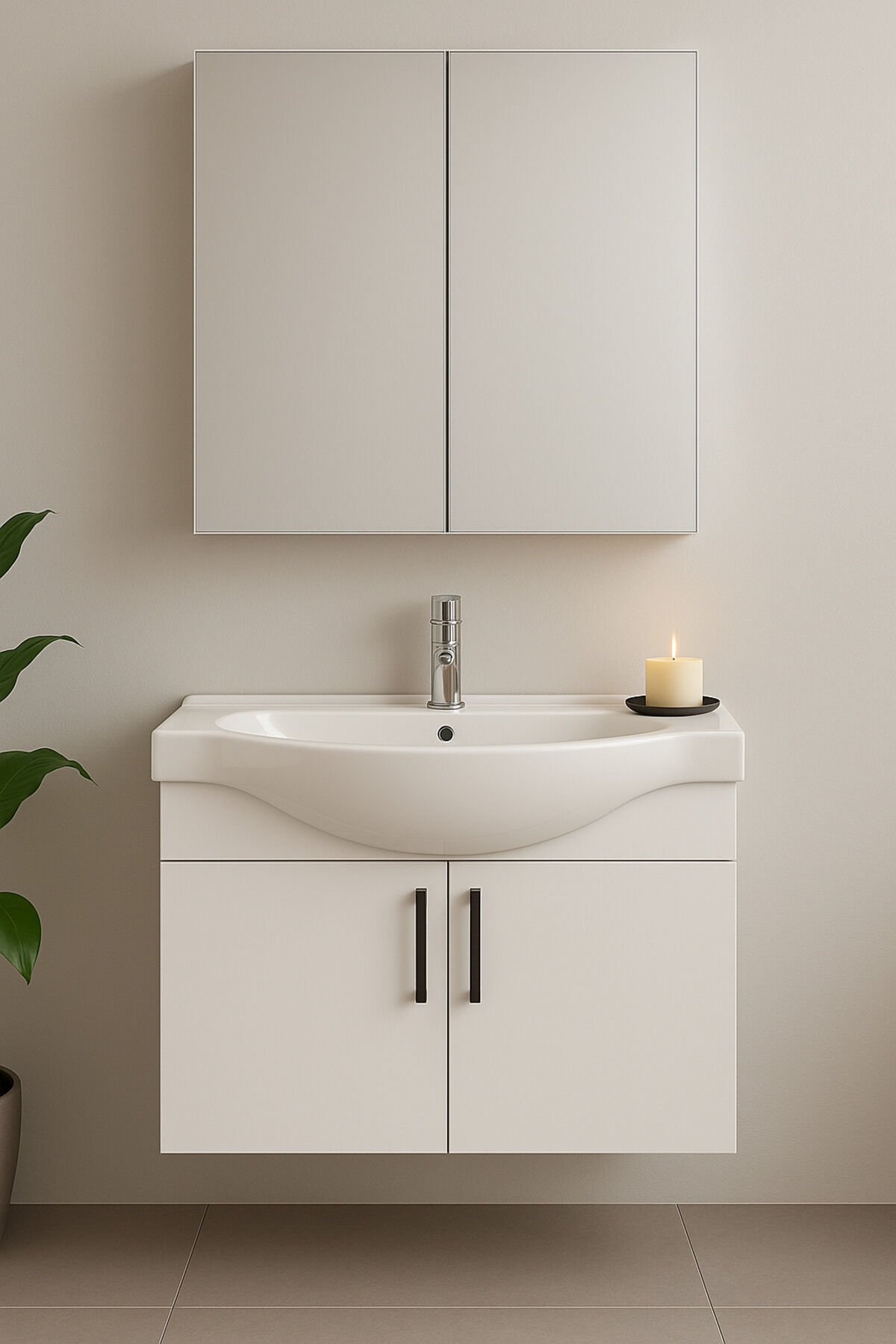 Nova 80 cm %100 MDF Beyaz Renkli, Oval Seramik Lavabolu, Alt ve Üst Modüllü, Banyo Dolabı Takımı