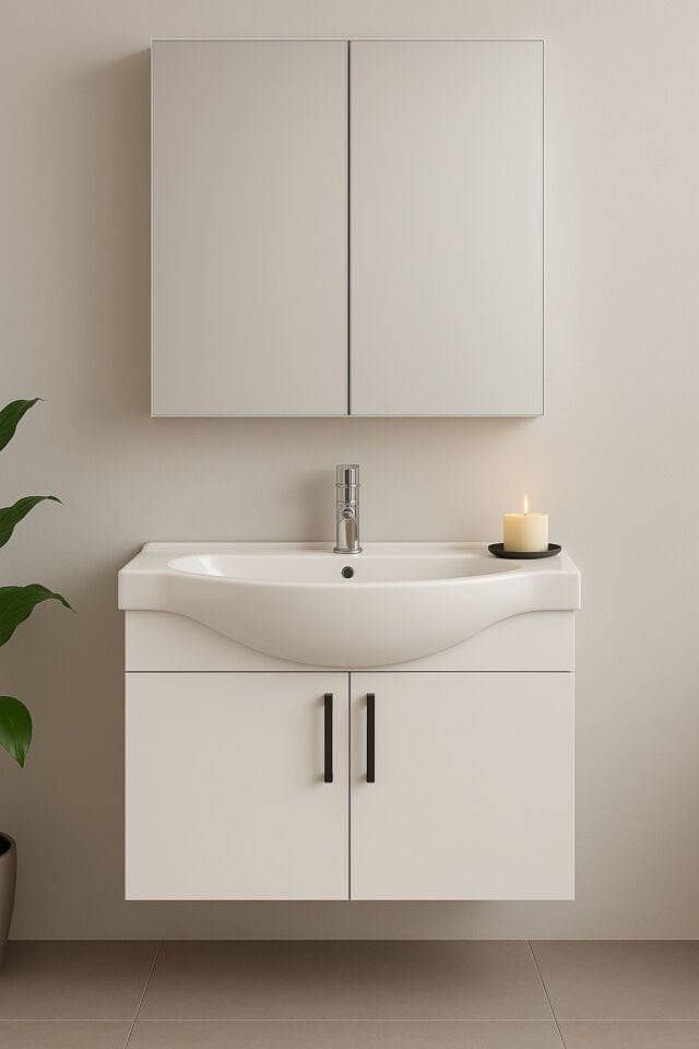 Nova 80 cm %100 MDF Beyaz Renkli, Oval Seramik Lavabolu, Alt ve Üst Modüllü, Banyo Dolabı Takımı