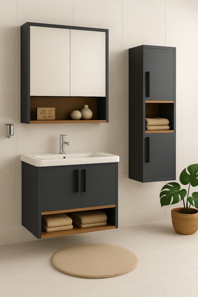 Legna 80 cm Antrasit-Ahşap Renkli, Seramik Lavabolu, Alt - Üst ve Boy Dolaplı Tamamı Mdf Banyo Seti