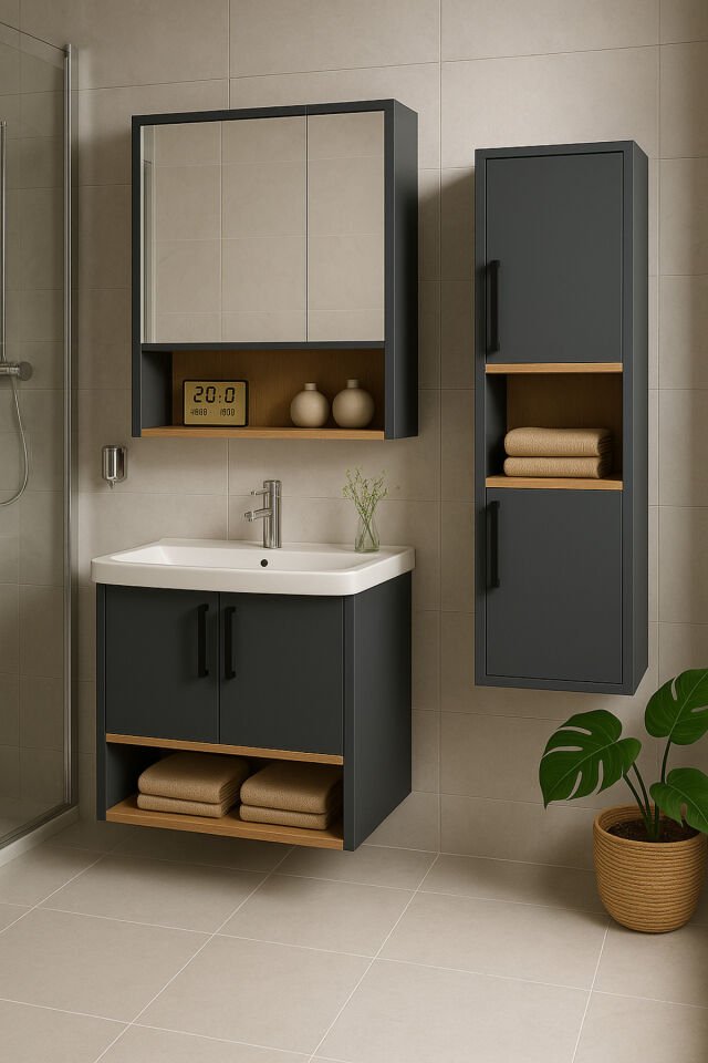 Legna 80 cm Antrasit-Ahşap Renkli, Seramik Lavabolu, Alt - Üst ve Boy Dolaplı Tamamı Mdf Banyo Seti