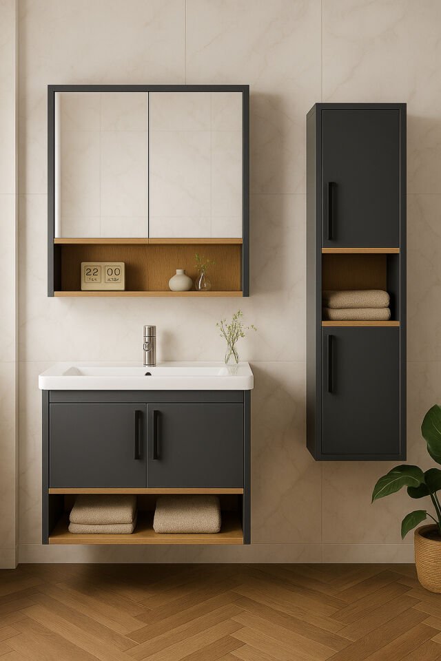 Legna 80 cm Banyo Dolabı Seti, Antrasit - Ahşap Renkli, Seramik Lavabolu, Boy Dolaplı, Tamamı MDF