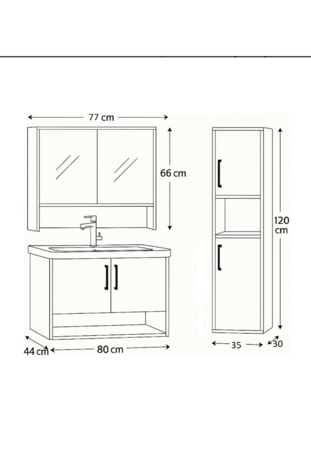 Legna 80 cm Antrasit-Ahşap Renkli, Seramik Lavabolu, Alt - Üst ve Boy Dolaplı Tamamı Mdf Banyo Seti