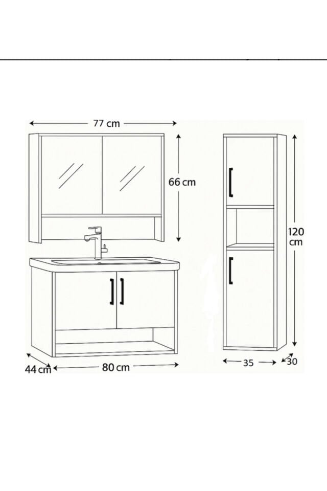 Legna 80 cm Antrasit-Ahşap Renkli, Seramik Lavabolu, Alt - Üst ve Boy Dolaplı Tamamı Mdf Banyo Seti