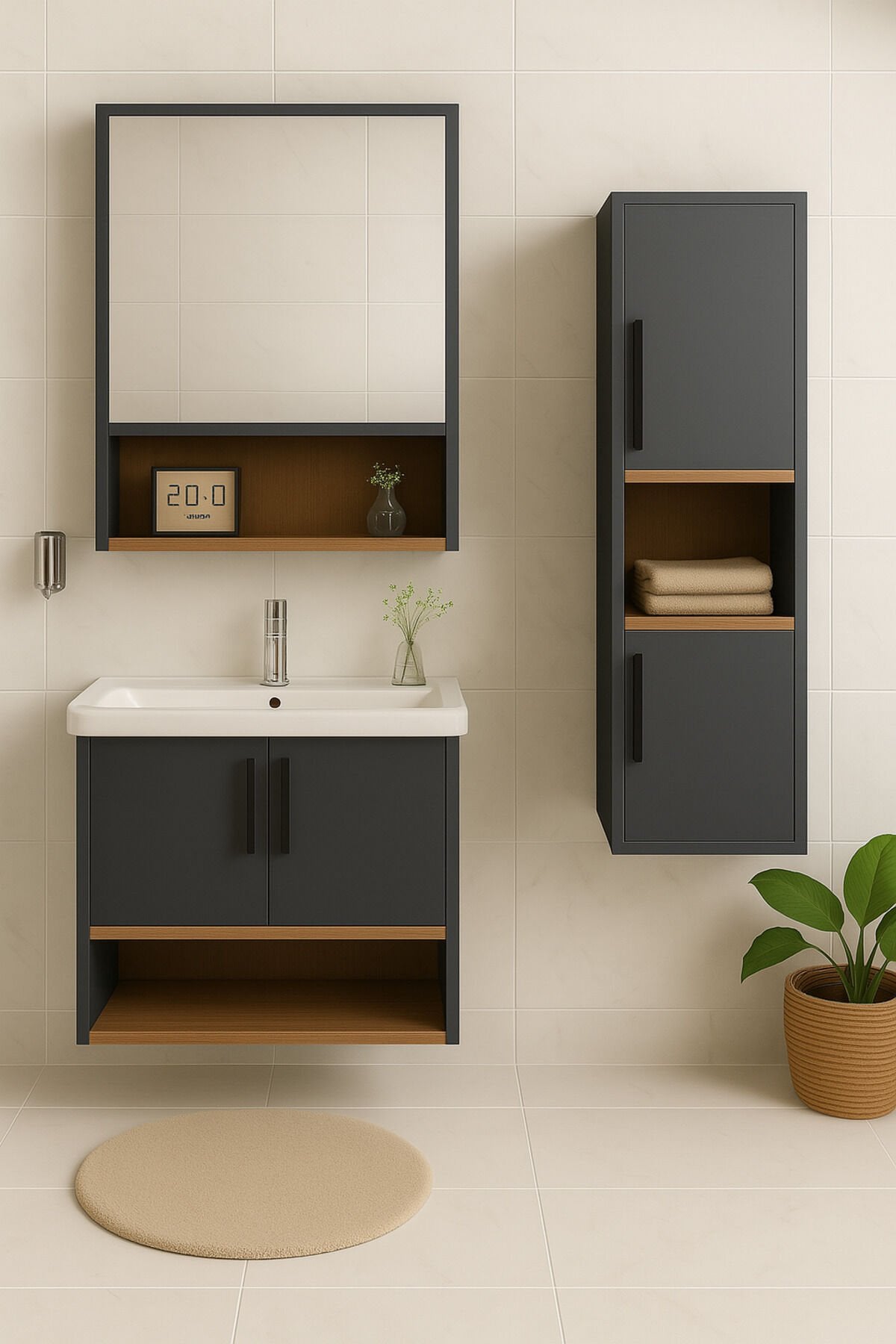 Legna 80 cm Antrasit-Ahşap Renkli, Seramik Lavabolu, Alt - Üst ve Boy Dolaplı Tamamı Mdf Banyo Seti