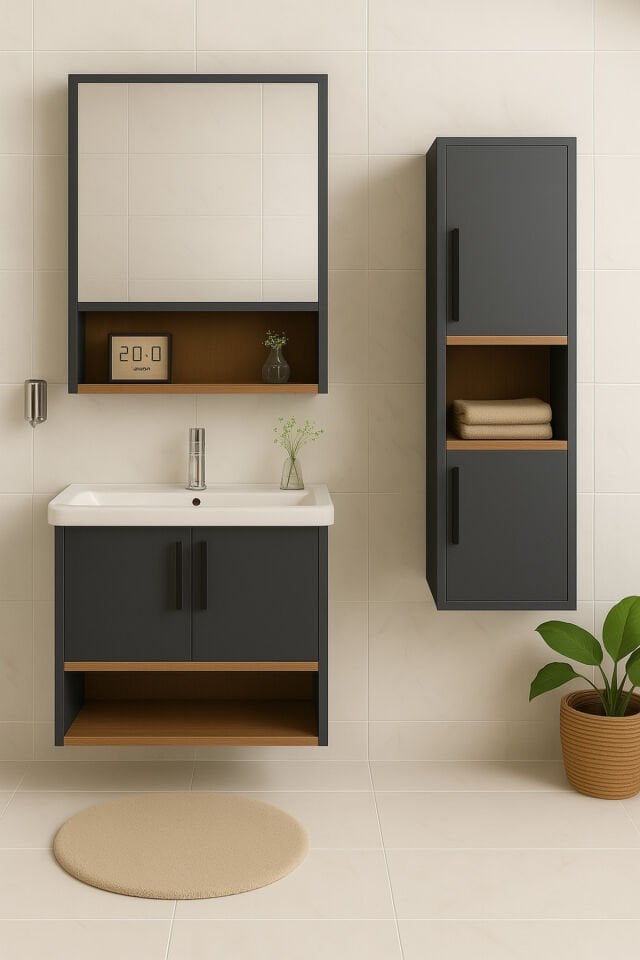 Legna 80 cm Antrasit-Ahşap Renkli, Seramik Lavabolu, Alt - Üst ve Boy Dolaplı Tamamı Mdf Banyo Seti