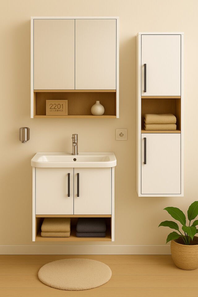 Legna 80 cm Beyaz-Ahşap Renkli, Seramik Lavabolu, Alt - Üst ve Boy Dolaplı Mdf Banyo Dolabı Seti