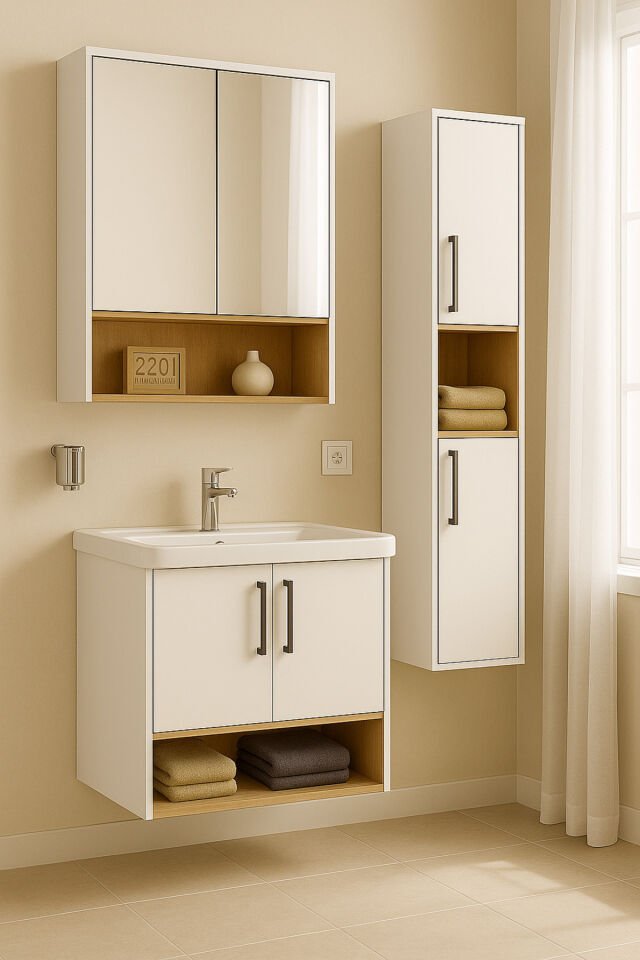 Legna 80 cm Beyaz-Ahşap Renkli, Seramik Lavabolu, Alt - Üst ve Boy Dolaplı Mdf Banyo Dolabı Seti