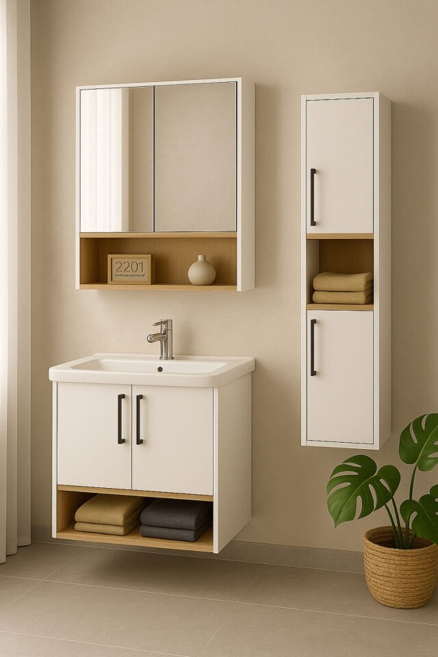 Legna 80 cm Banyo Dolabı Seti, Beyaz-Ahşap Renkli, Seramik Lavabolu, Boy Dolaplı, Tamamı MDF