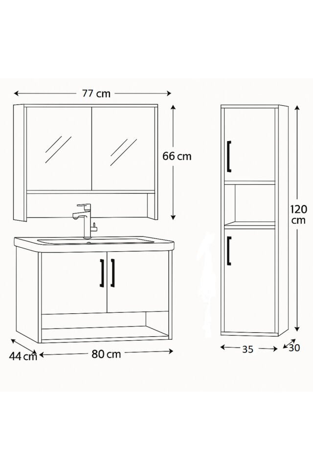Legna 80 cm Beyaz-Ahşap Renkli, Seramik Lavabolu, Alt - Üst ve Boy Dolaplı Mdf Banyo Dolabı Seti