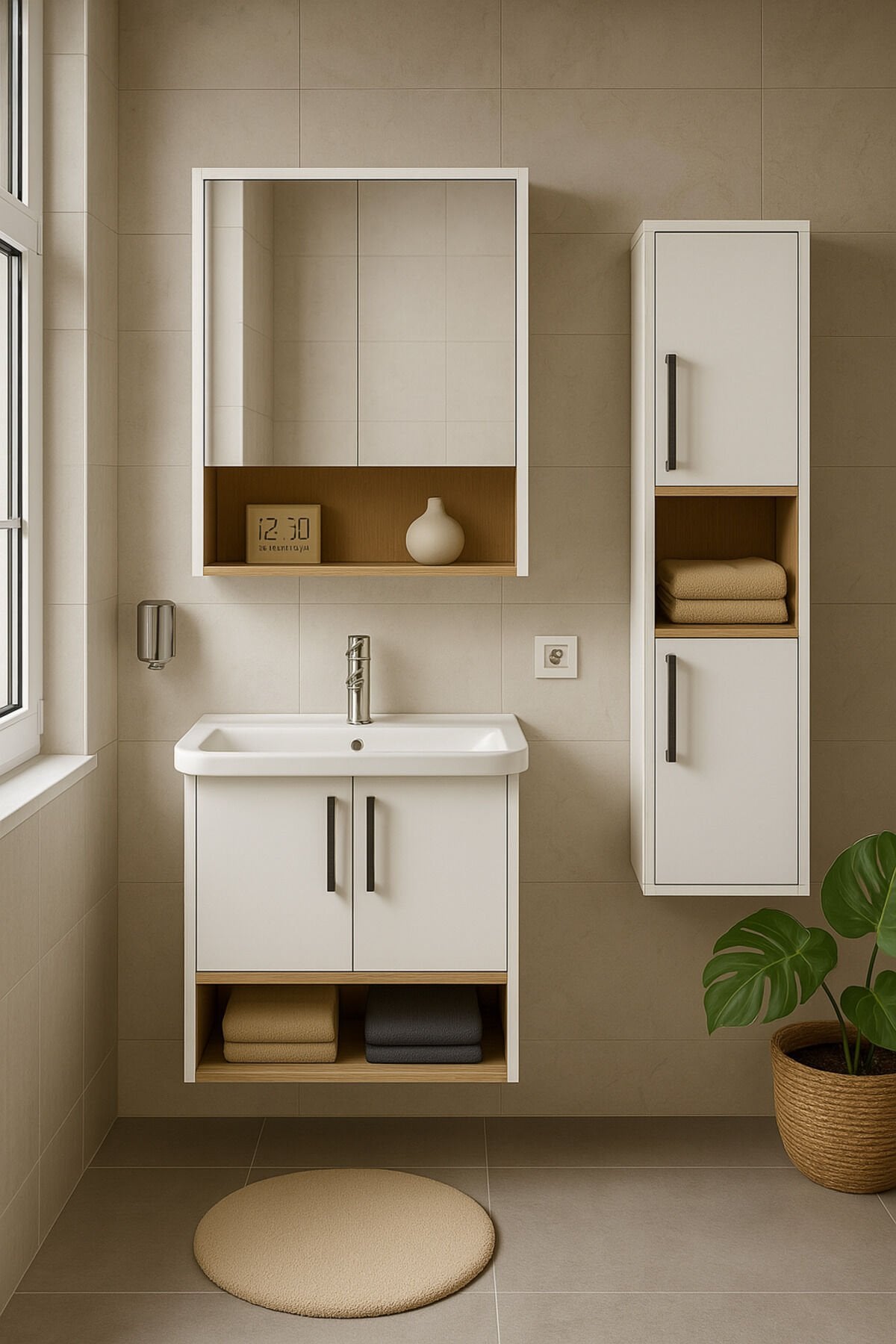 Legna 80 cm Banyo Dolabı Seti, Beyaz-Ahşap Renkli, Seramik Lavabolu, Boy Dolaplı, Tamamı MDF