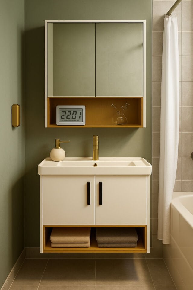 Legna 80 cm Beyaz & Ahşap Banyo Dolabı Takımı – Alt ve Üst Dolap (Lavabo Dahil)