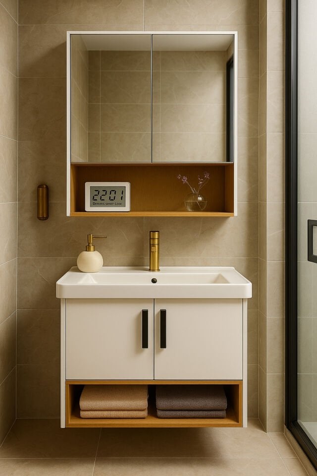 Legna 80 cm Banyo Dolabı Takımı, Beyaz-Ahşap Renkli, Seramik Lavabolu, Tamamı MDF