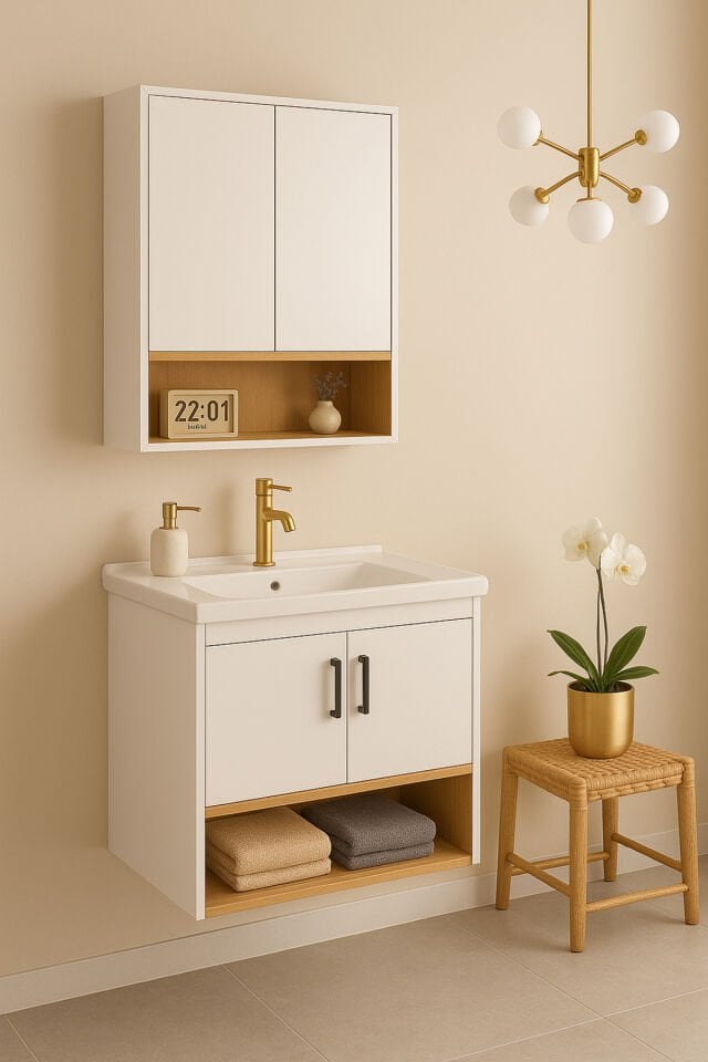 Legna 80 cm Beyaz & Ahşap Banyo Dolabı Takımı – Alt ve Üst Dolap (Lavabo Dahil)