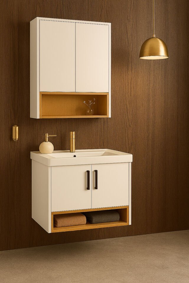 Legna 80 cm Beyaz & Ahşap Banyo Dolabı Takımı – Alt ve Üst Dolap (Lavabo Dahil)