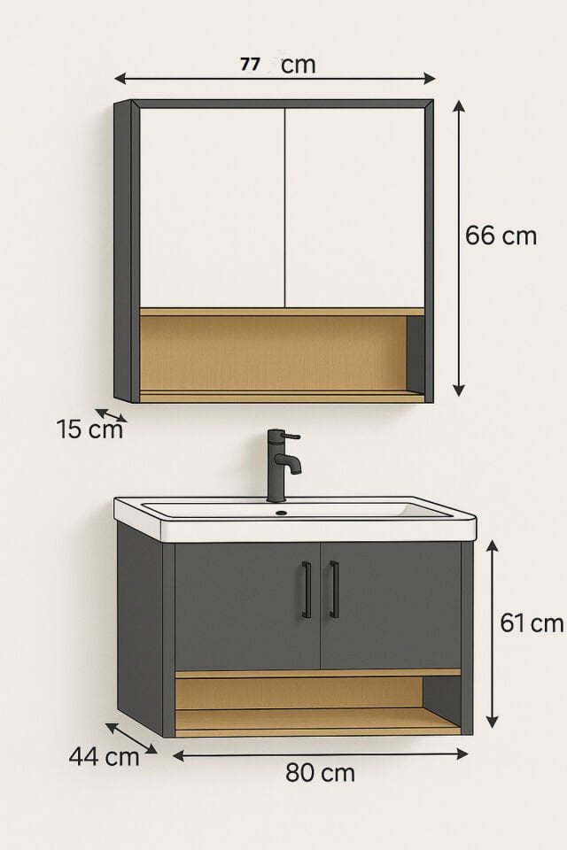 Legna 80 cm Beyaz & Ahşap Banyo Dolabı Takımı – Alt ve Üst Dolap (Lavabo Dahil)