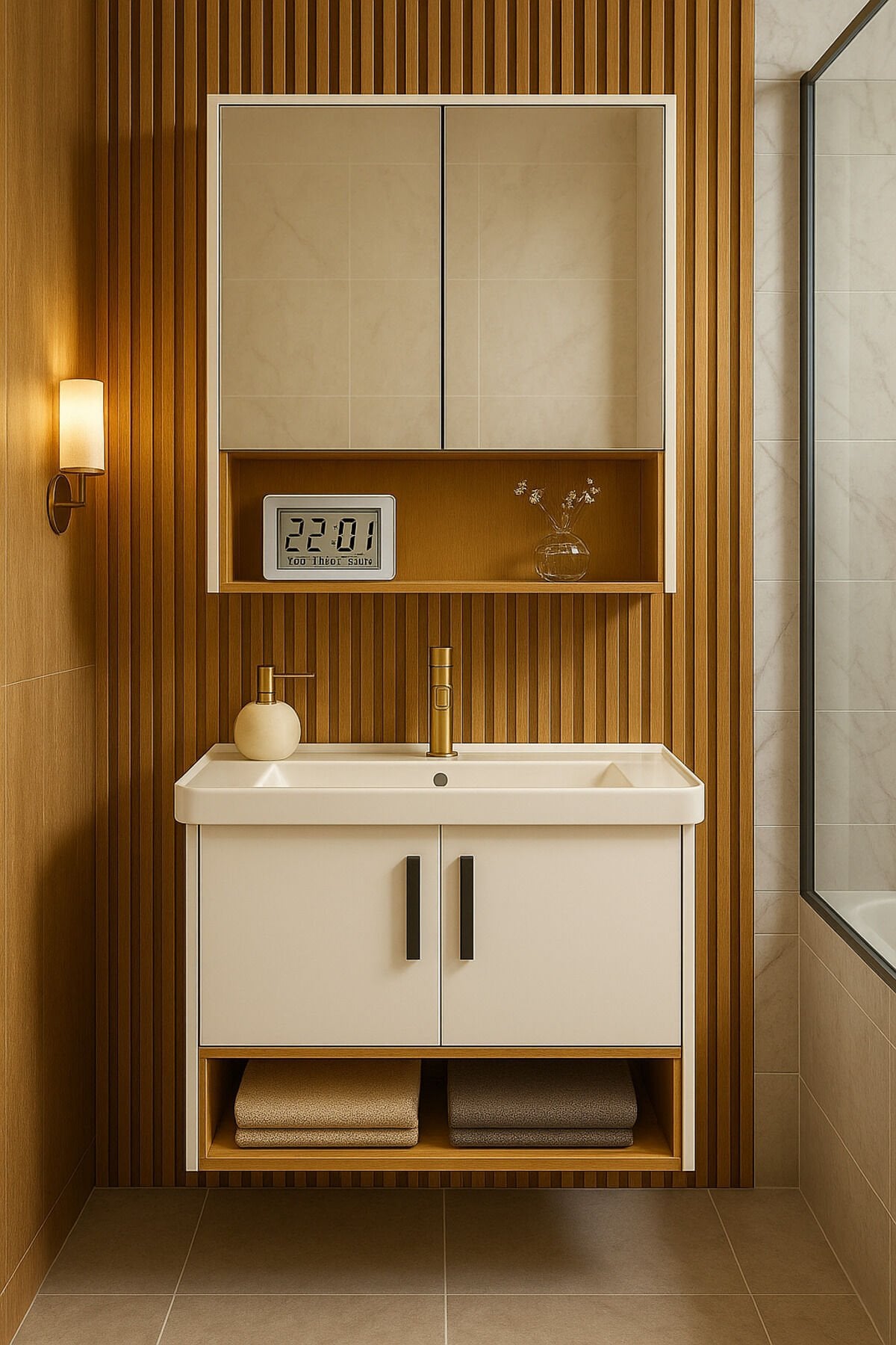 Legna 80 cm Beyaz & Ahşap Banyo Dolabı Takımı – Alt ve Üst Dolap (Lavabo Dahil)