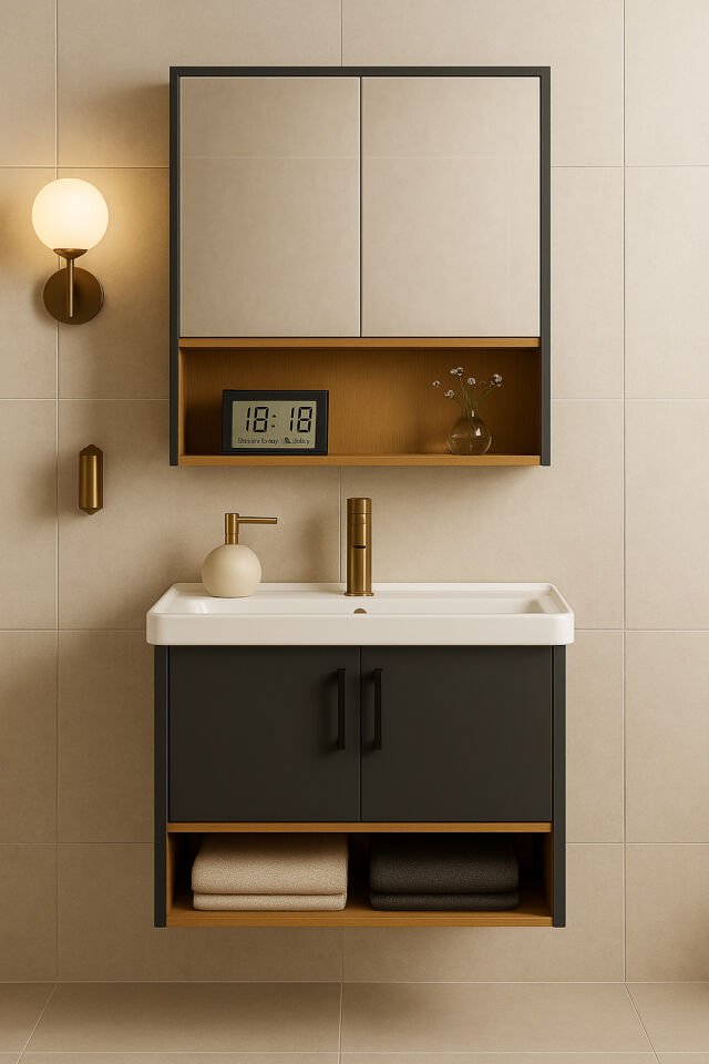 Legna 80 cm Antrasit & Ahşap Banyo Dolabı Takımı – Alt ve Üst Dolap (Lavabo Dahil)