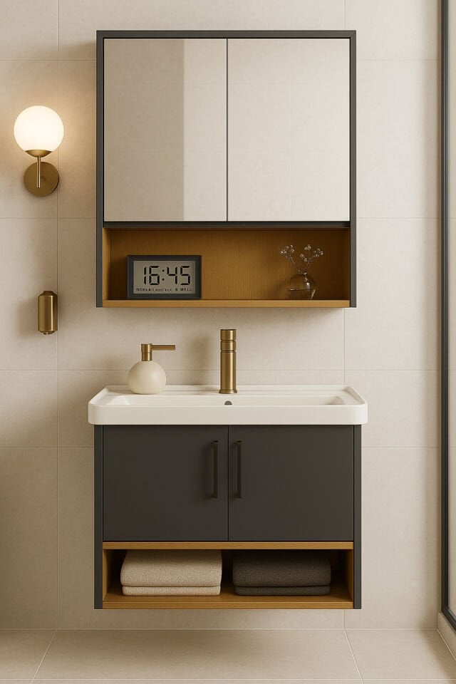 Legna 80 cm Antrasit & Ahşap Banyo Dolabı Takımı – Alt ve Üst Dolap (Lavabo Dahil)