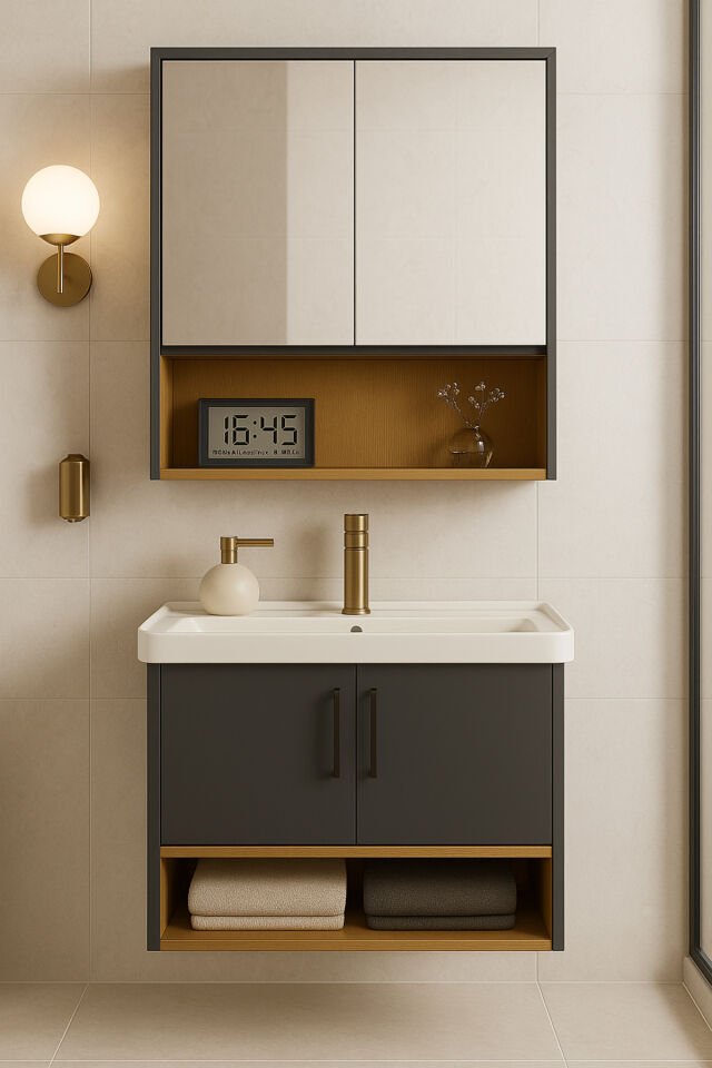 Legna 80 cm Banyo Dolabı Takımı, Antrasit - Ahşap Renkli, Seramik Lavabolu, Tamamı MDF
