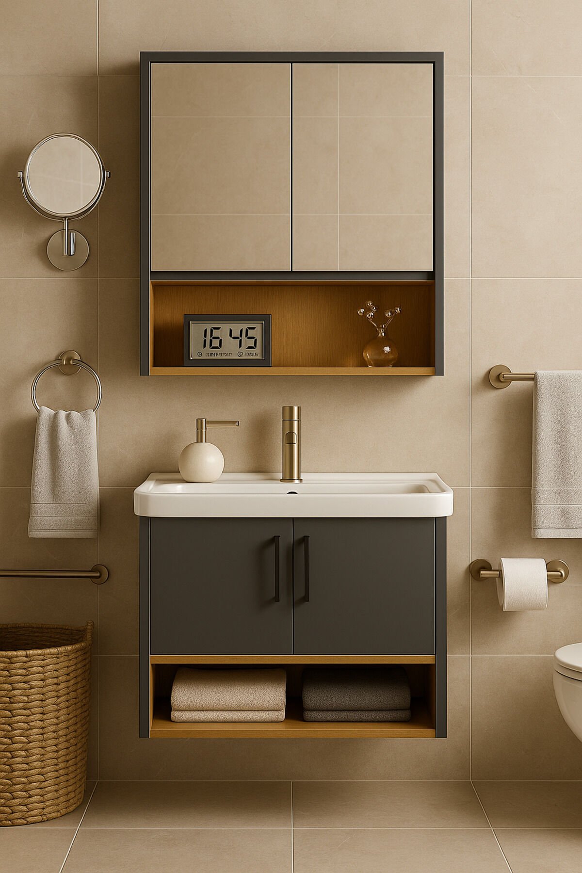 Legna 80 cm Banyo Dolabı Takımı, Antrasit - Ahşap Renkli, Seramik Lavabolu, Tamamı MDF