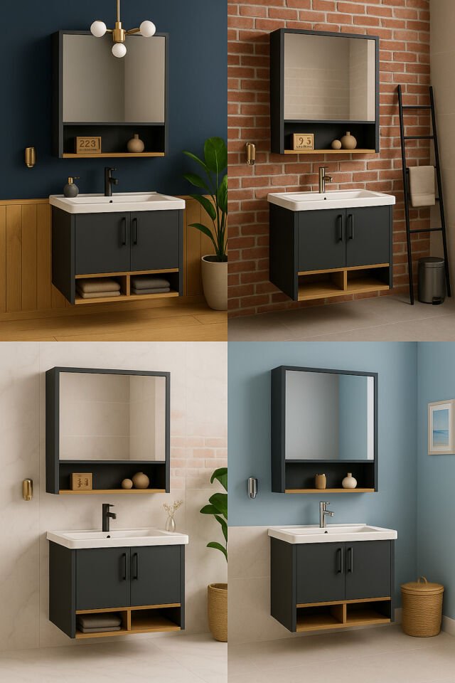 Legna 65 cm Banyo Dolabı Takımı – Antrasit & Ahşap Renkli – Tamamı MDF – Seramik Lavabolu