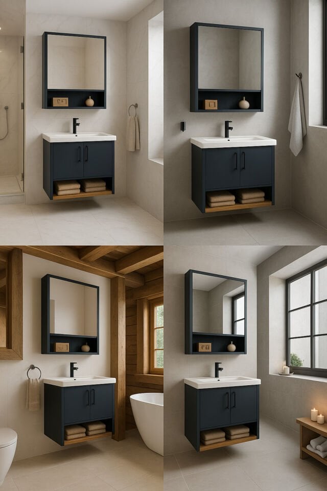 Legna 65 cm Banyo Dolabı Takımı – Antrasit & Ahşap – MDF – Seramik Lavabolu – Alt ve Üst Dolaplı