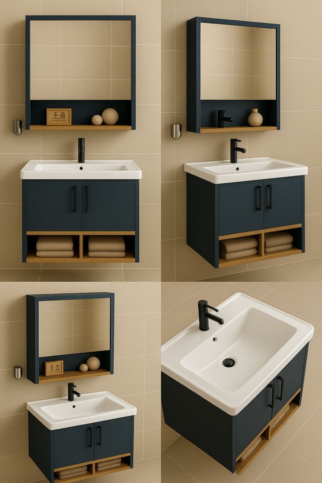 Legna 65 cm Banyo Dolabı Takımı – Antrasit & Ahşap – MDF – Seramik Lavabolu – Alt ve Üst Dolaplı