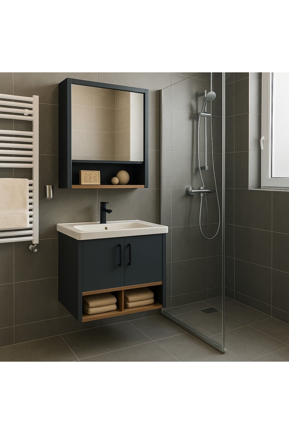 Legna 65 cm Banyo Dolabı Takımı – Antrasit & Ahşap Renkli – Tamamı MDF – Seramik Lavabolu