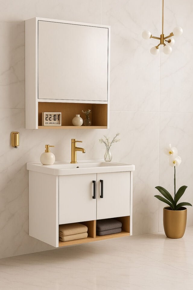 Legna 65 cm Banyo Dolabı Takımı – Beyaz & Ahşap – MDF – Seramik Lavabolu – Alt ve Üst Dolap